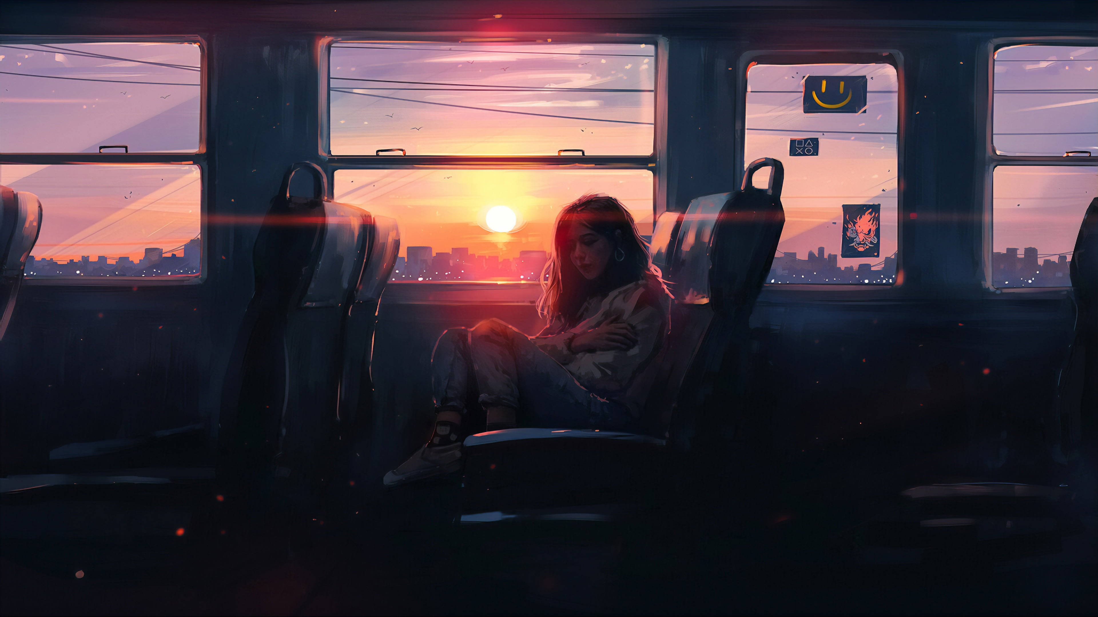 電車の中で孤独を感じる少女 壁紙