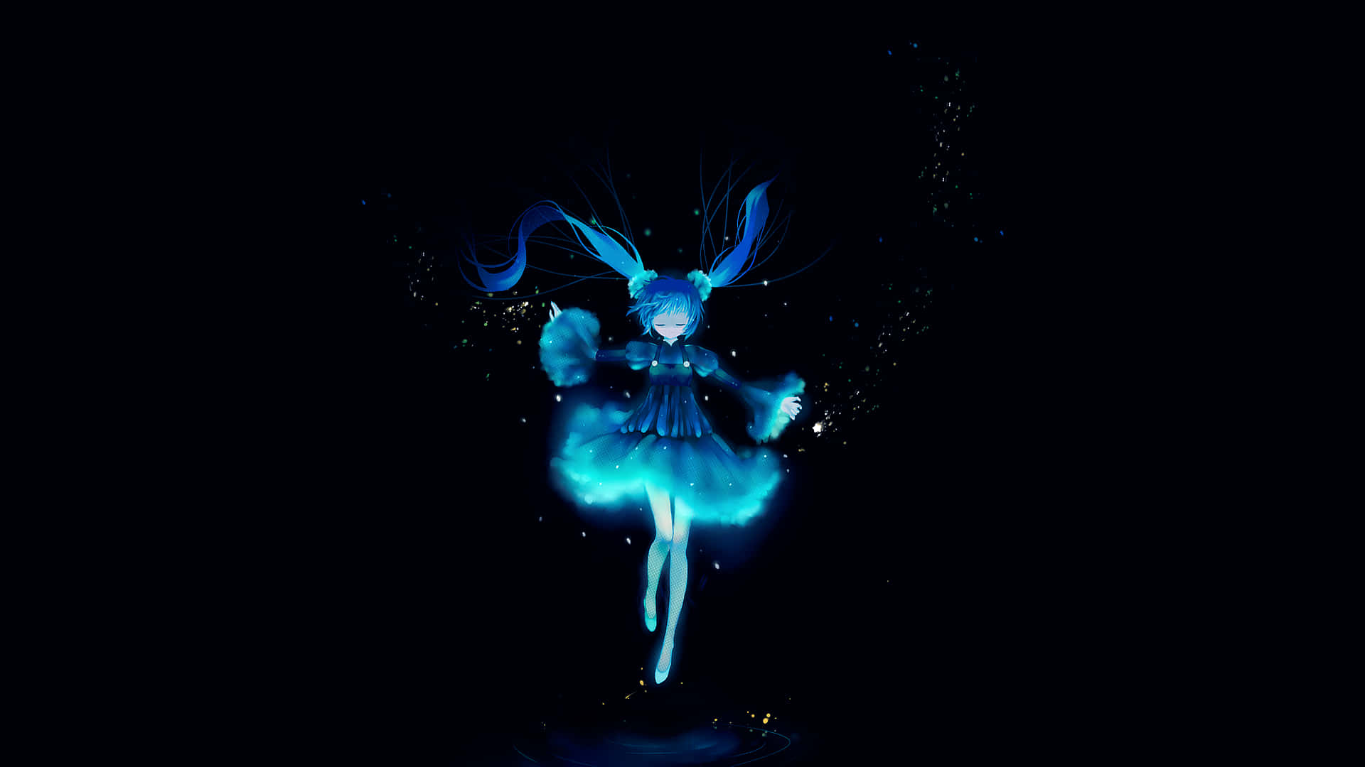 青いアニメ背景 初音ミク 黒背景 壁紙