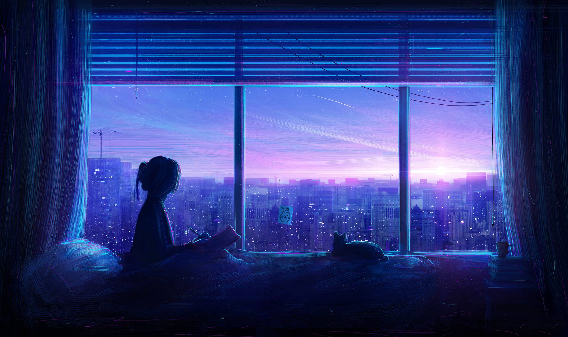 青いアニメ風シルエットの少女と猫の美学