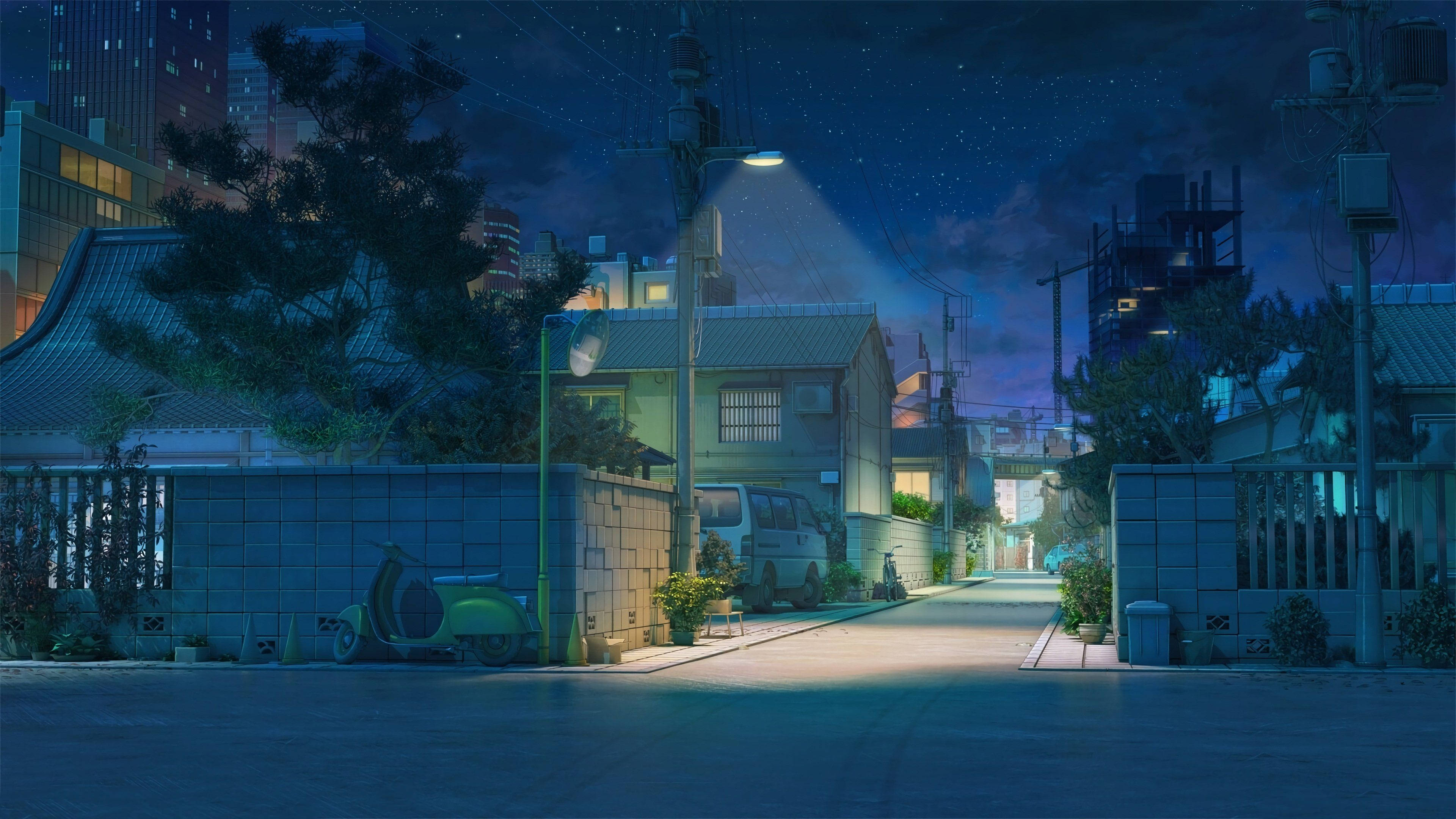 青いアニメ風ローファイストリートの美学 壁紙