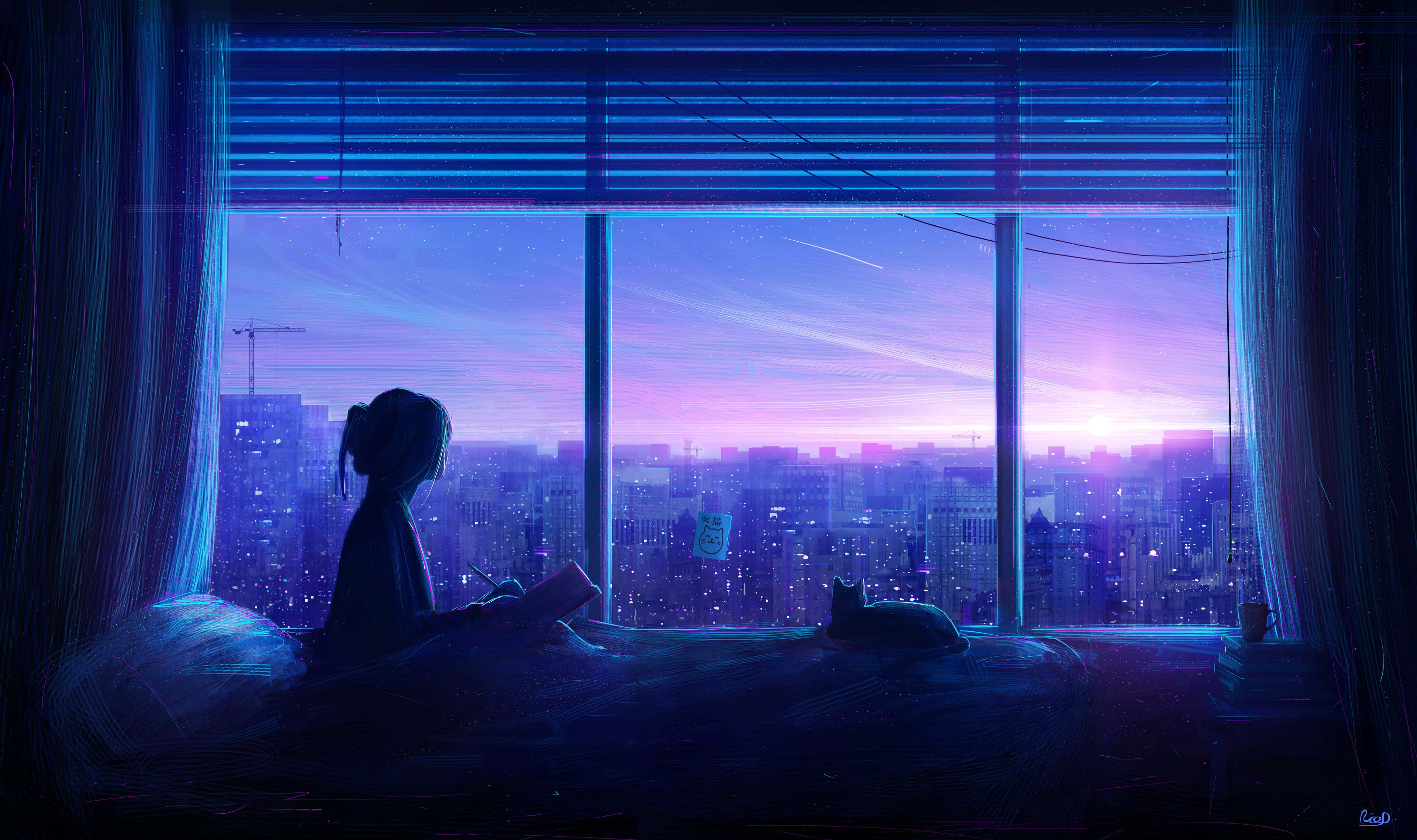 青いアニメ風少女が広い窓辺で夕日を眺める 壁紙