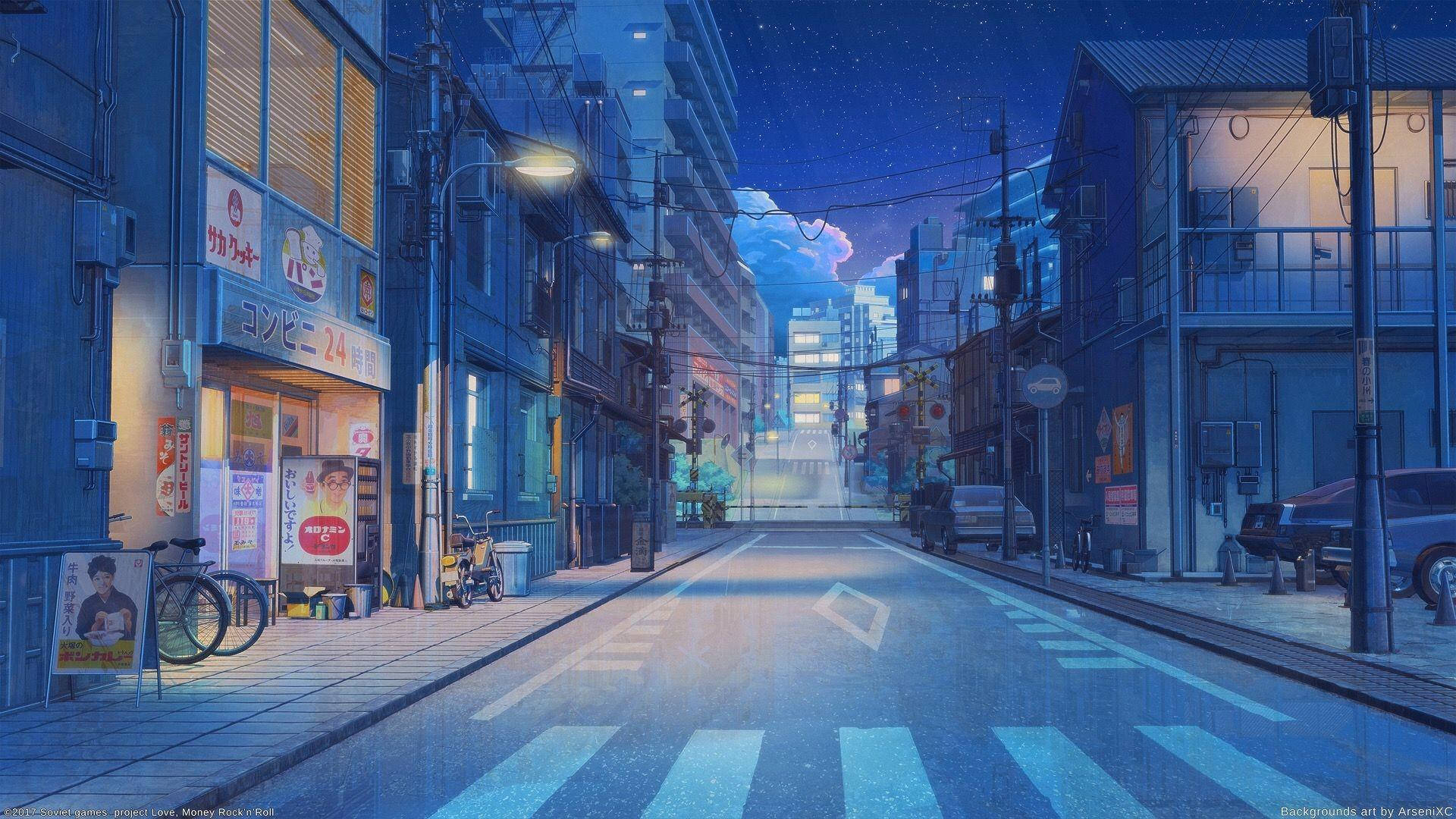 青いアニメ風東京ストリートの美学 壁紙