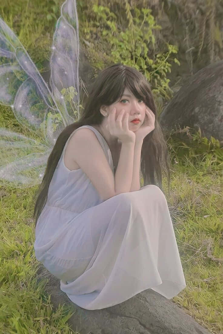 青いブルーベルの中を舞う魔法の妖精 壁紙