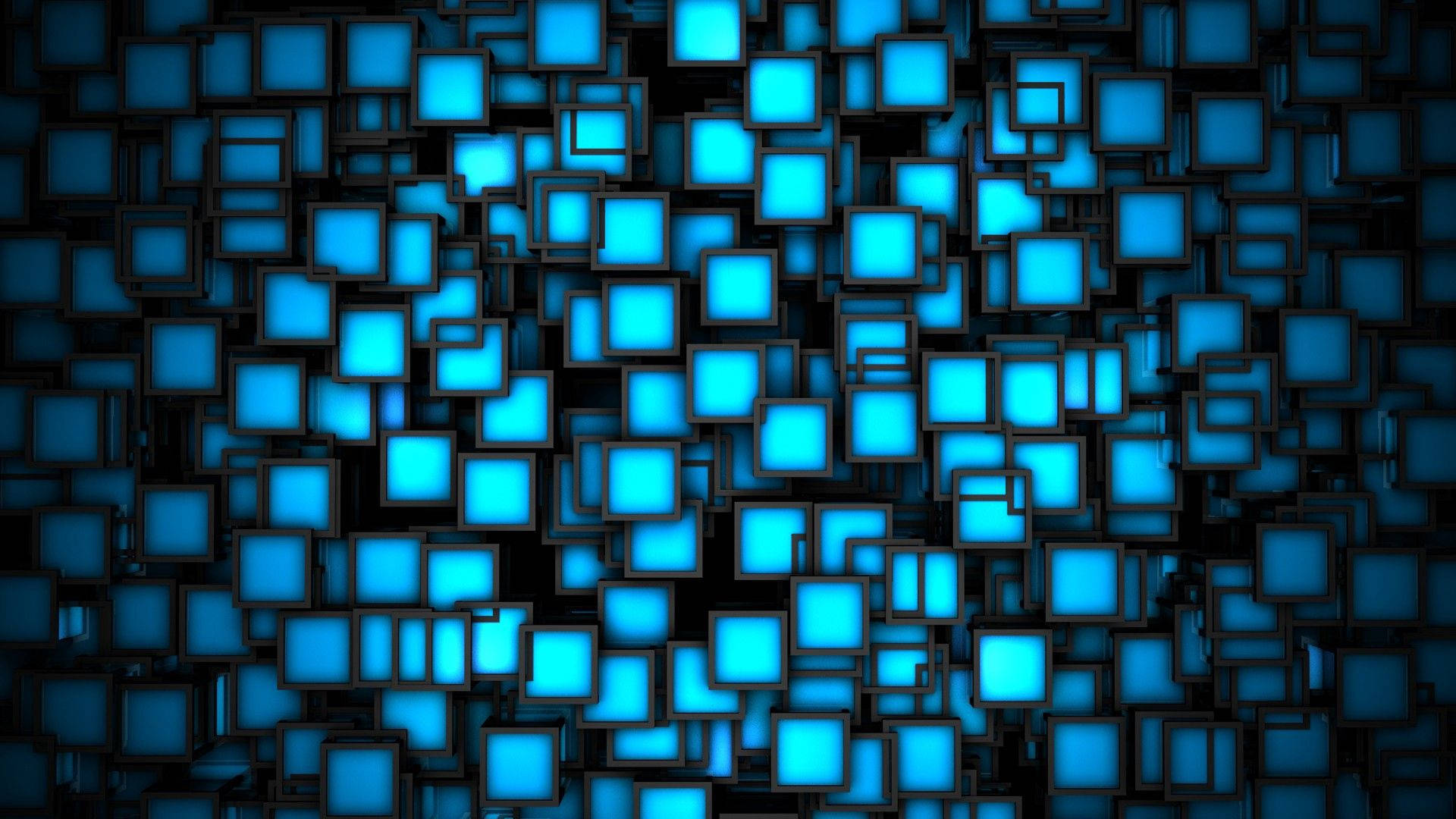 3Dの明るい青い四角が浮かぶ黒い壁紙