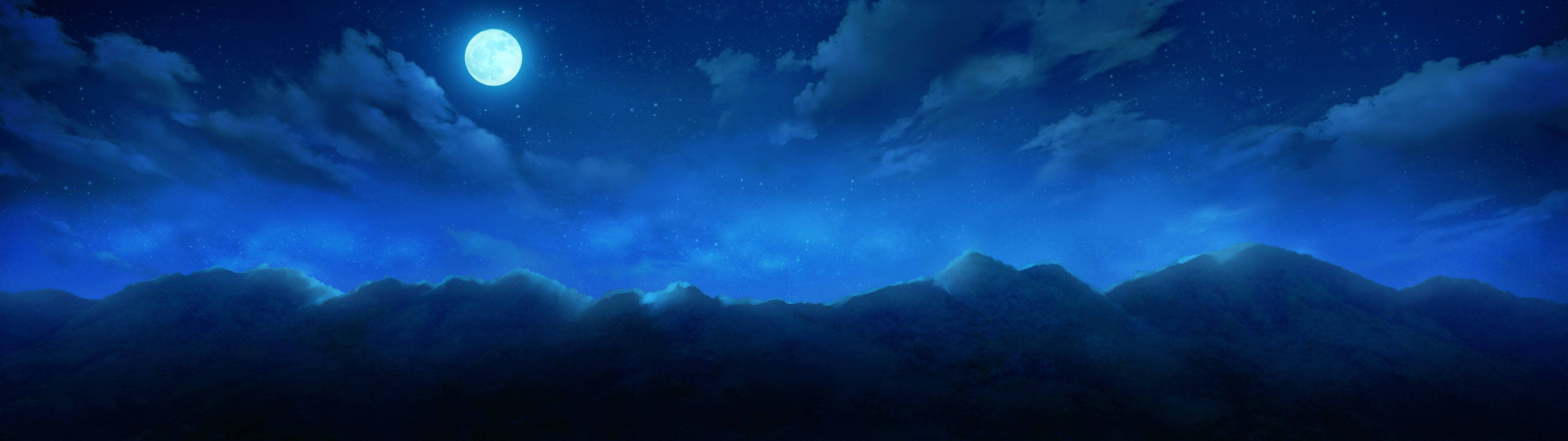 青い夜空に輝く満月 壁紙