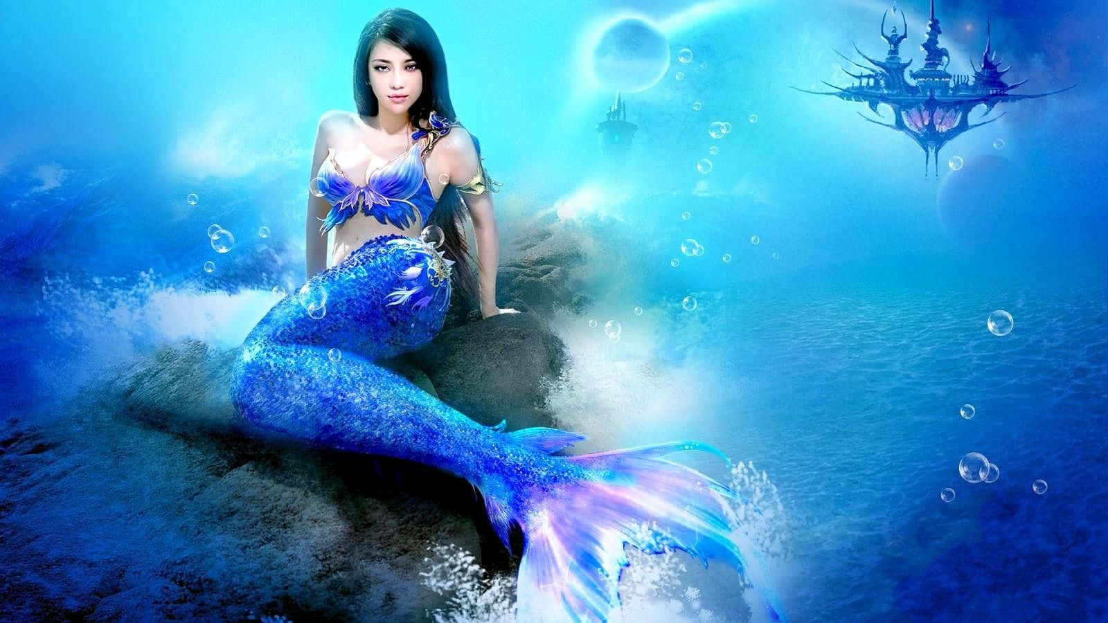 青い尾を持つ人魚と人魚の城 壁紙