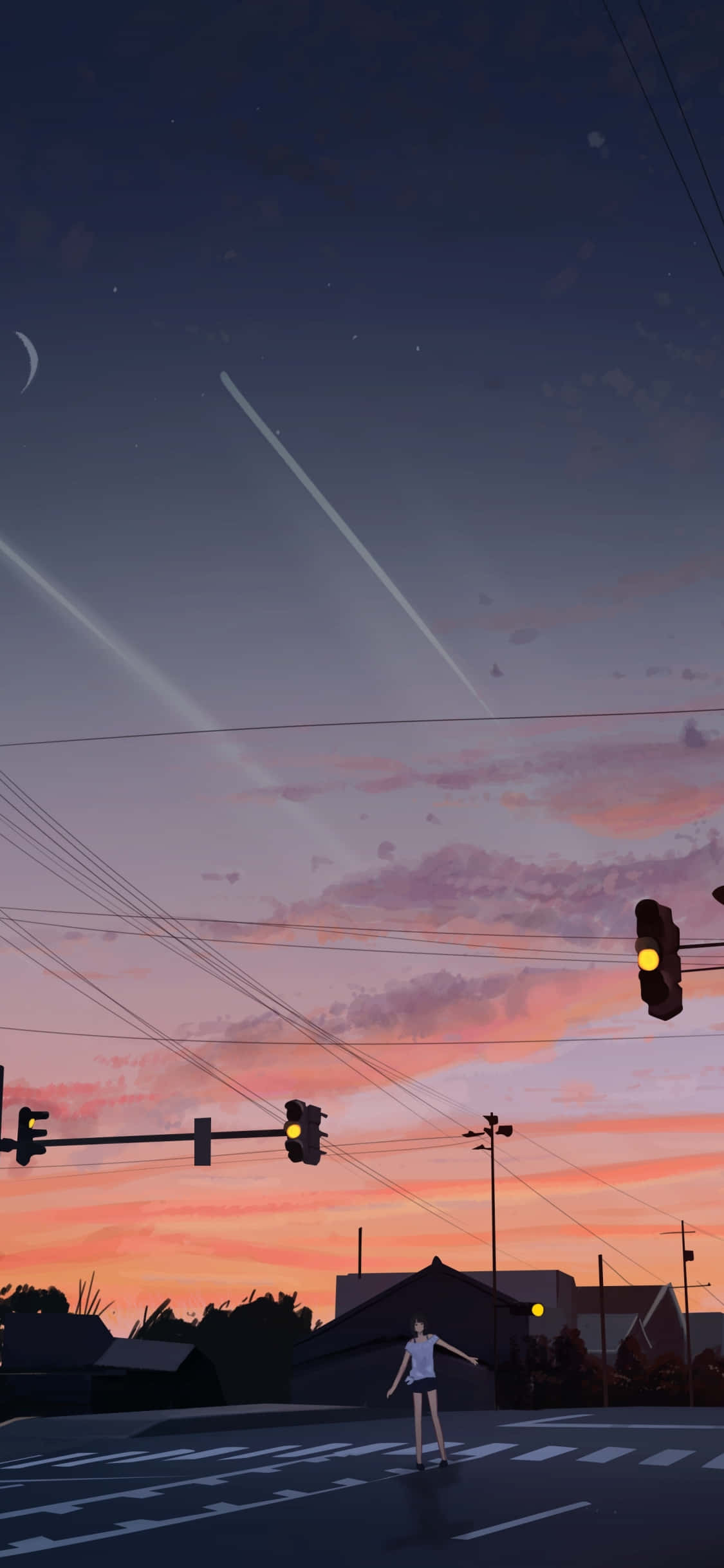 青い空、ピンクの雲、そして暖かく黄金の夕日の中の木のシルエット 壁紙
