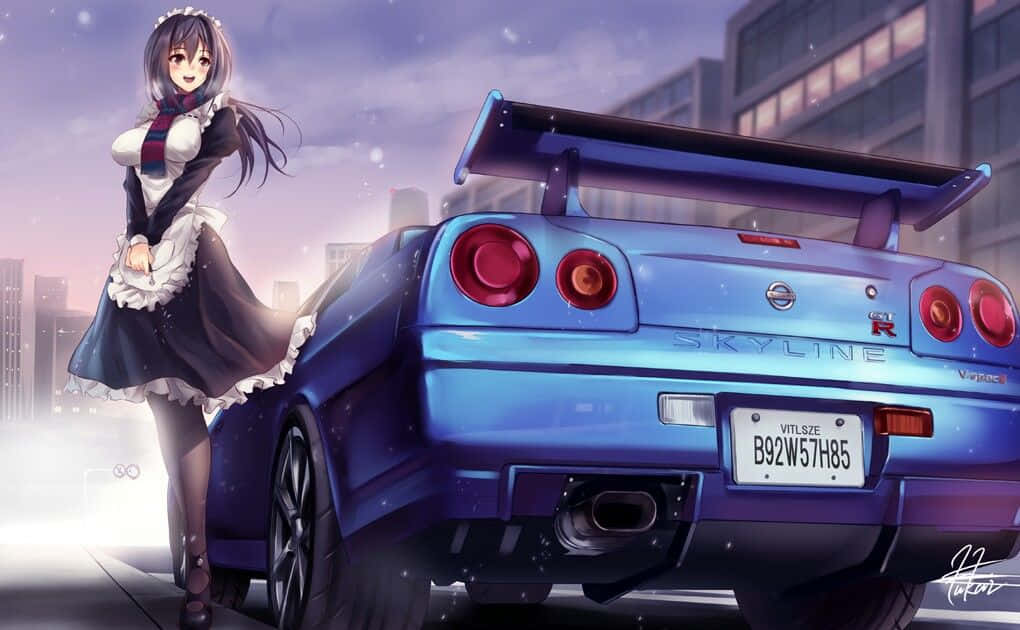 青い車の隣に立つ少女 壁紙