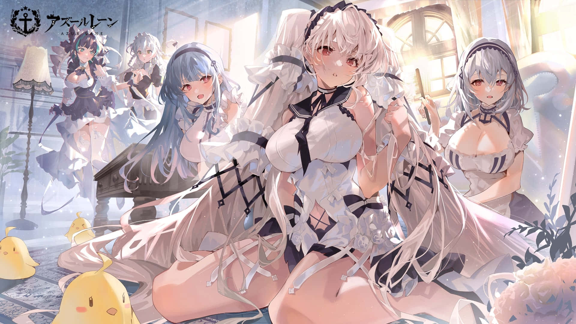 青い髪のアニメ少女たちとアヒル 壁紙