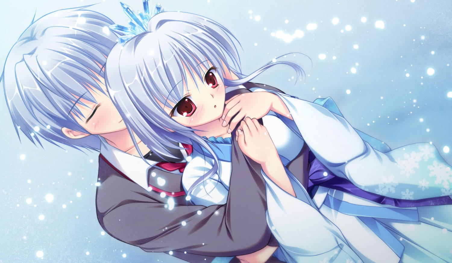青い髪のカップルが抱き合うアニメ 壁紙