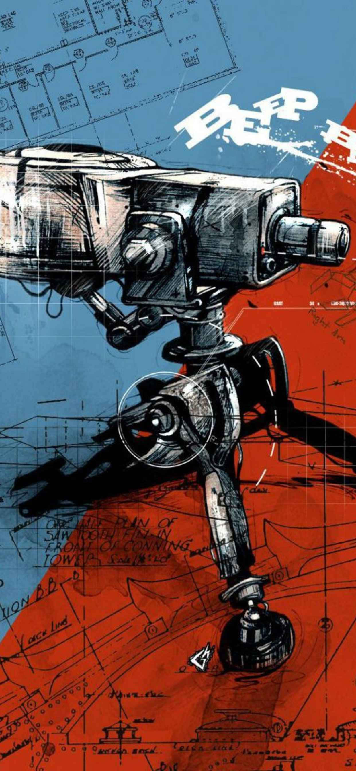 青写真の上に描かれた銃のイラスト 壁紙