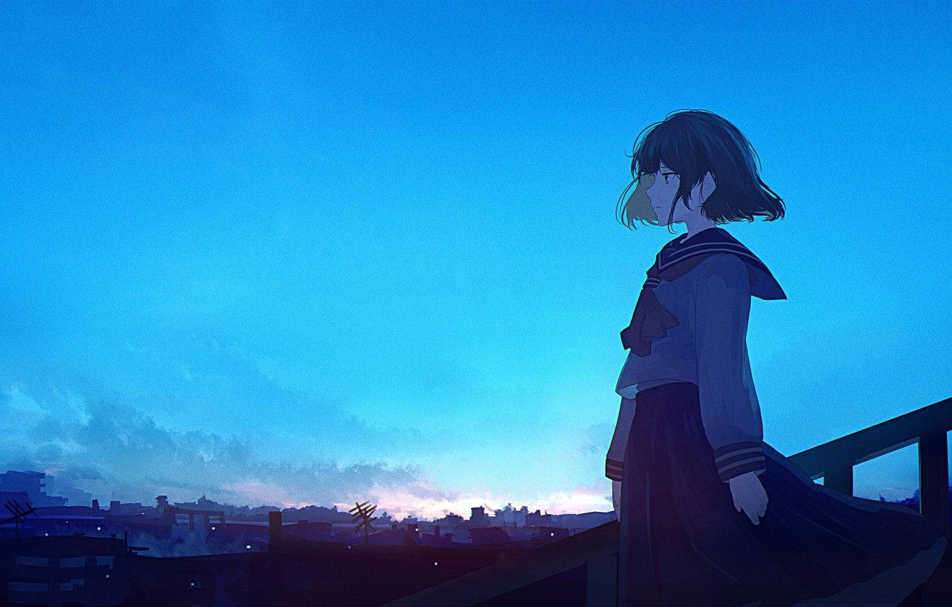 青空の下の悲しげなアニメ女子高生 壁紙