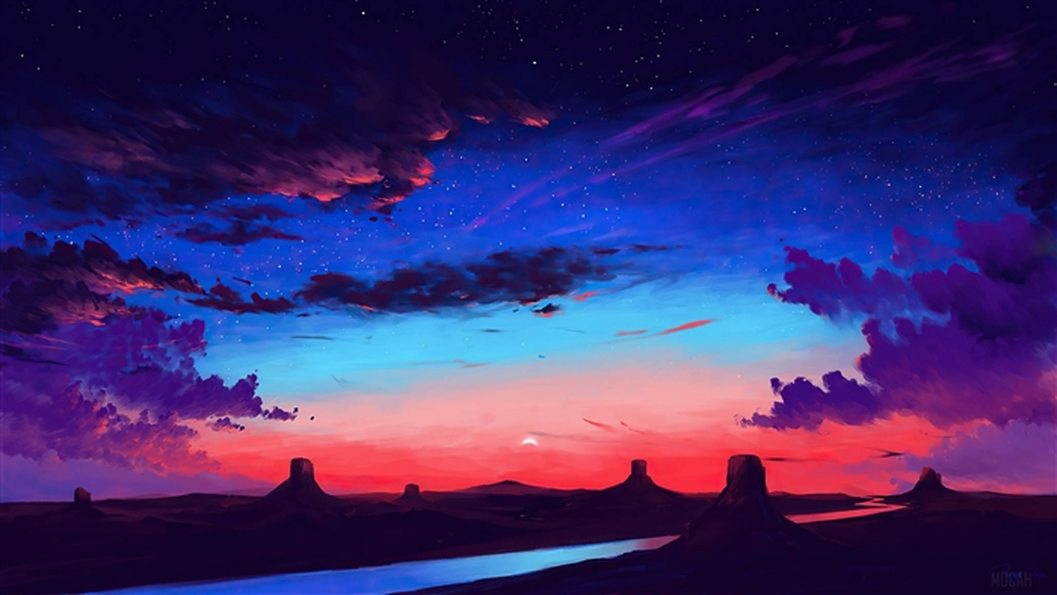 青紫の夕焼け空アート 壁紙