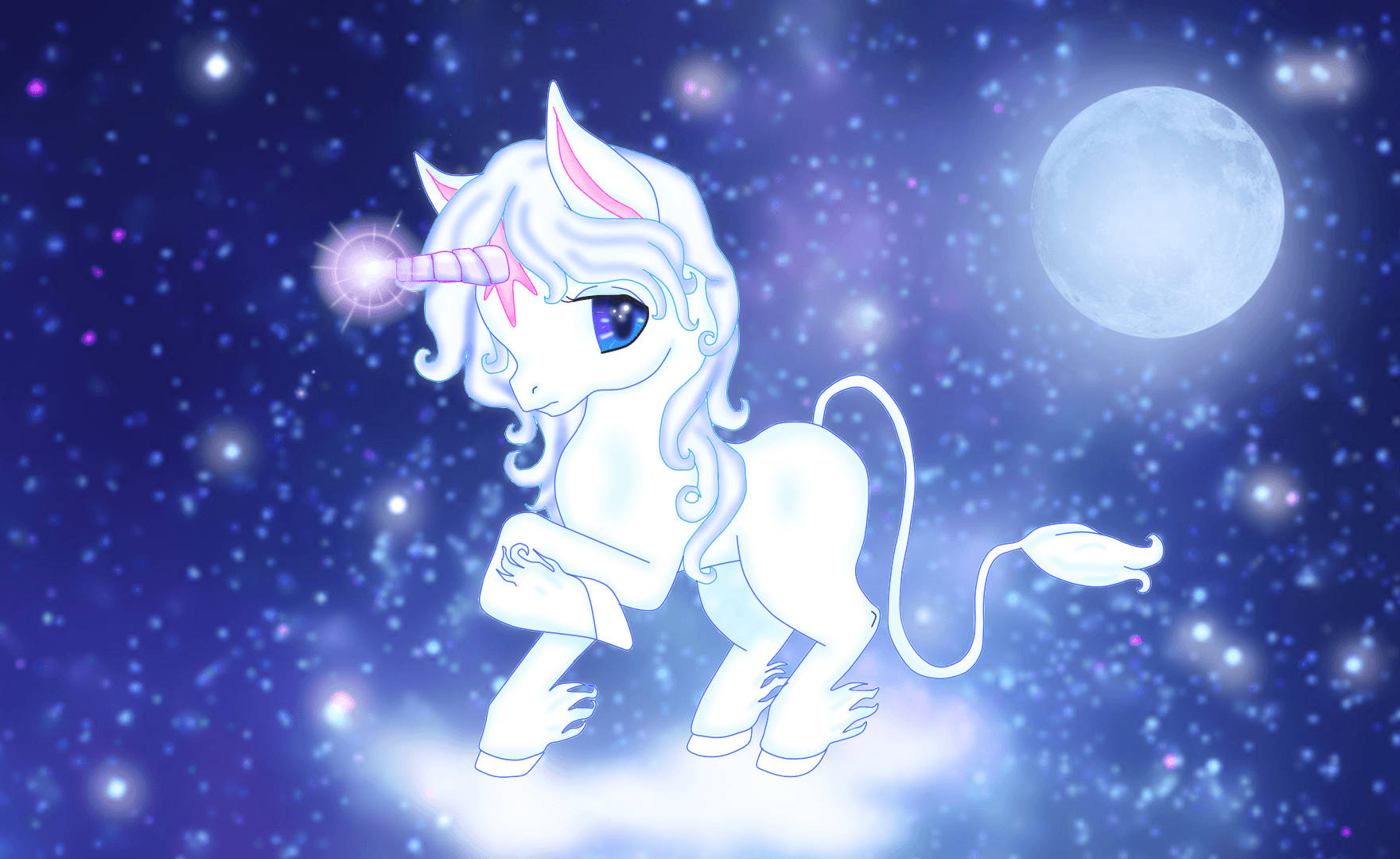 青い目をした白い赤ちゃんユニコーンが、満月の明るい星の銀河に立っている