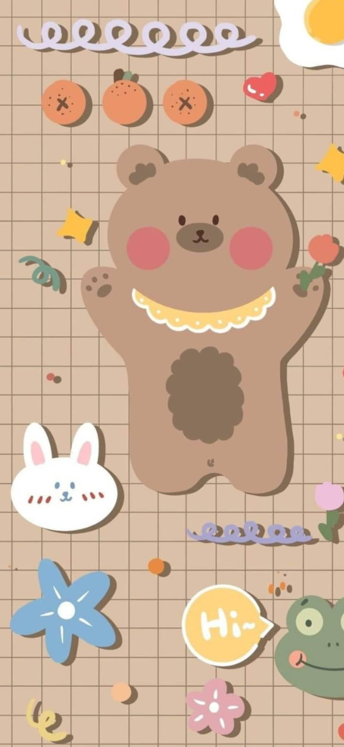 韓国のクマ ブラウン格子柄 壁紙