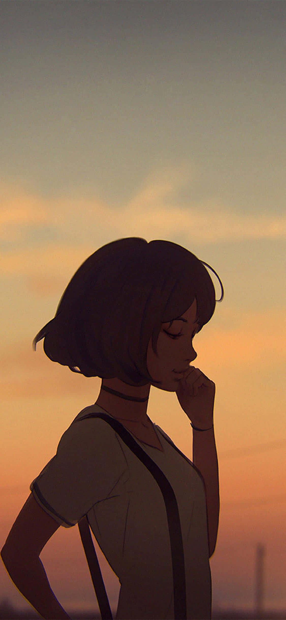 韓国アニメ風の少女、夕日を背にしたシルエット 壁紙