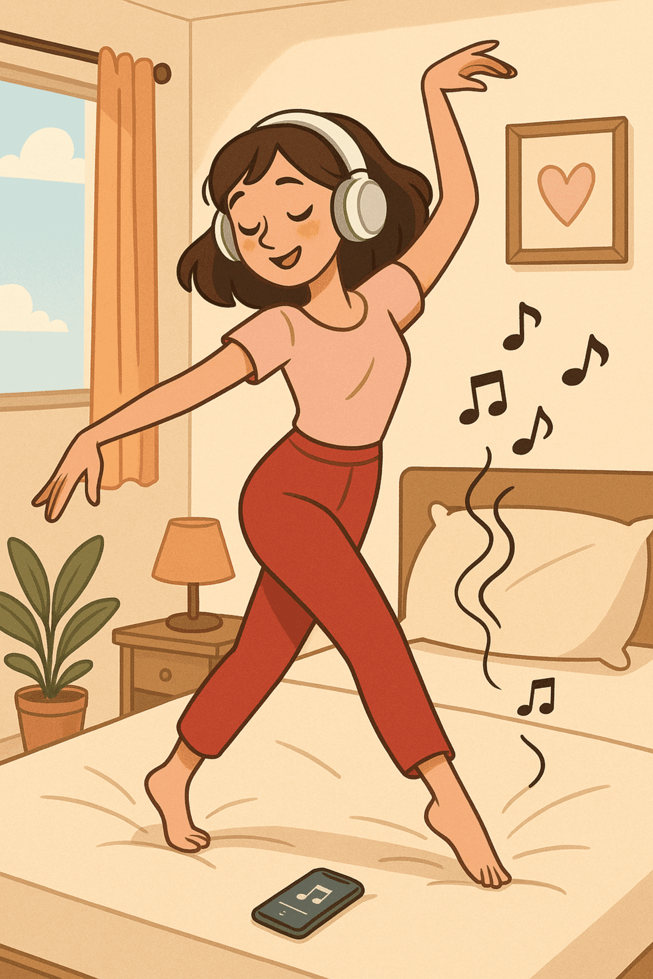 女性、音楽の美的背景、ヘッドホン、Spotify、ダンス、寝室の背景、女性の背景、音楽に合わせて踊る、かわいい美的
