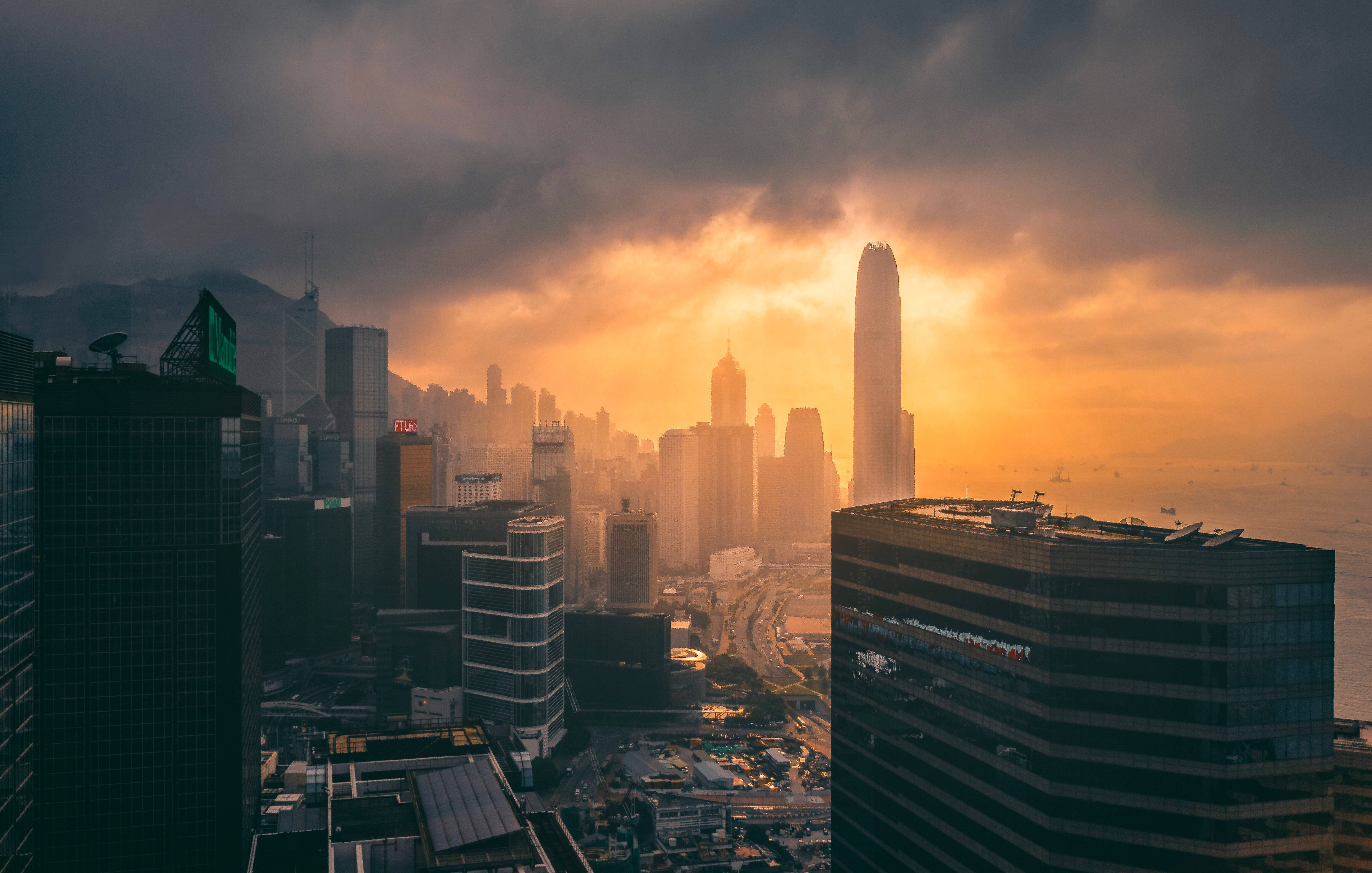 香港スカイラインの夕日 壁紙