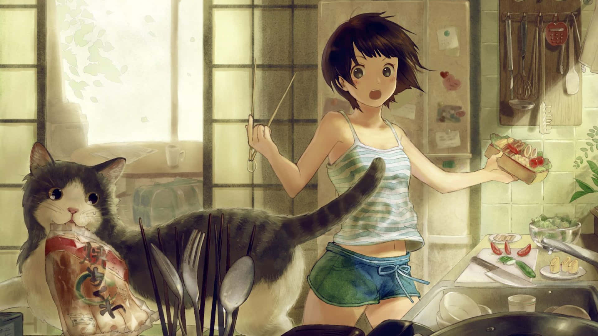 驚いたアニメ少女 1920x1080 キッチン背景 壁紙