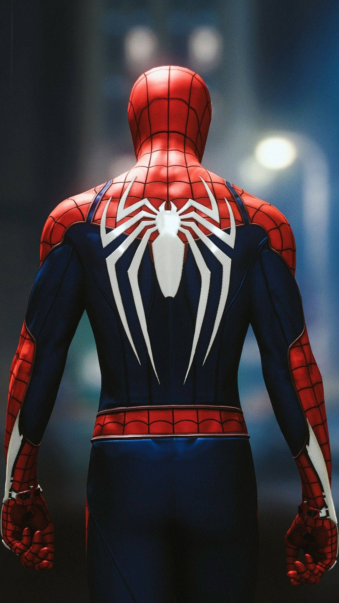 スパイダーマン マーベルスーパーヒーロー 背中に白いクモのロゴ。
