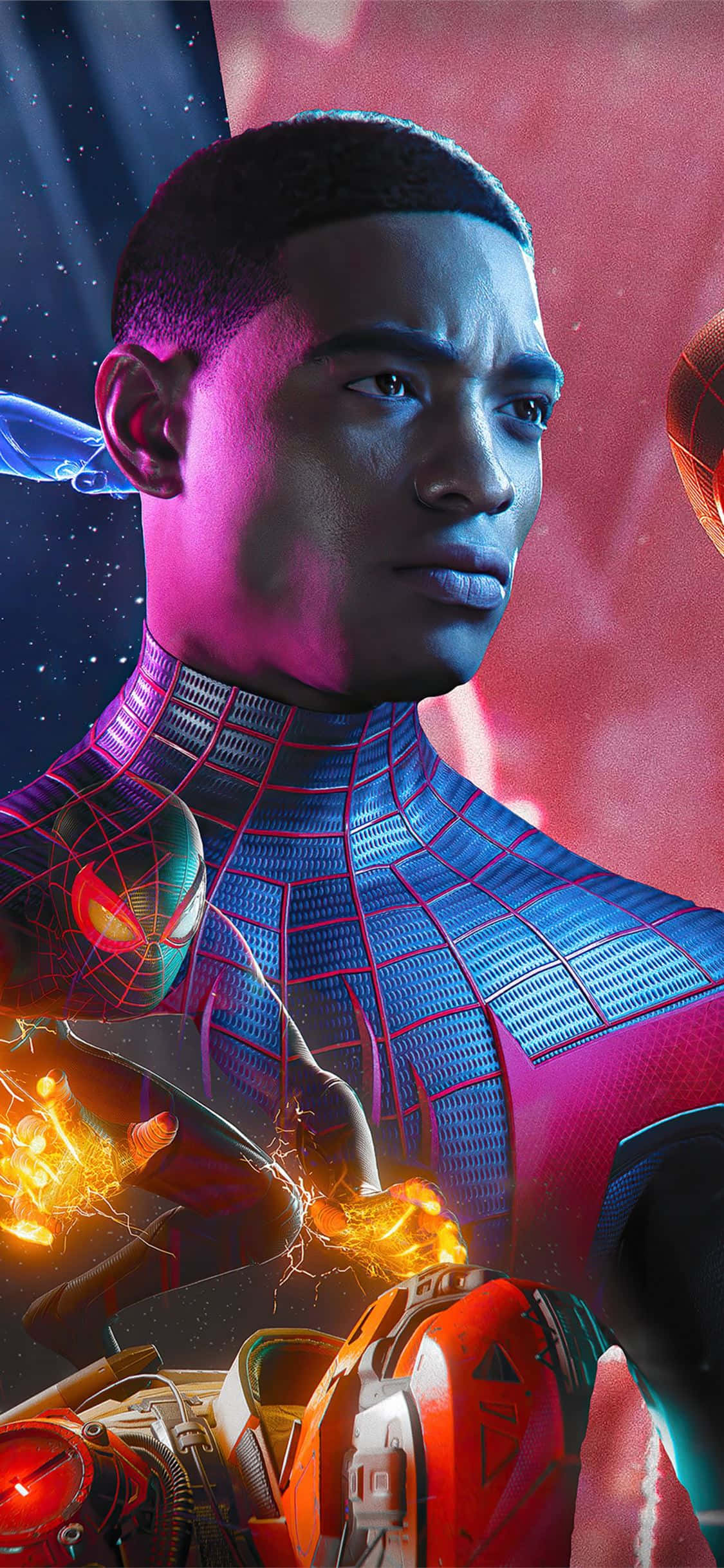 高く評価されたマーベル作品『スパイダーマン：スパイダーバース』より、街を背景に電気の火花に包まれたマイルズ・モラレス 壁紙