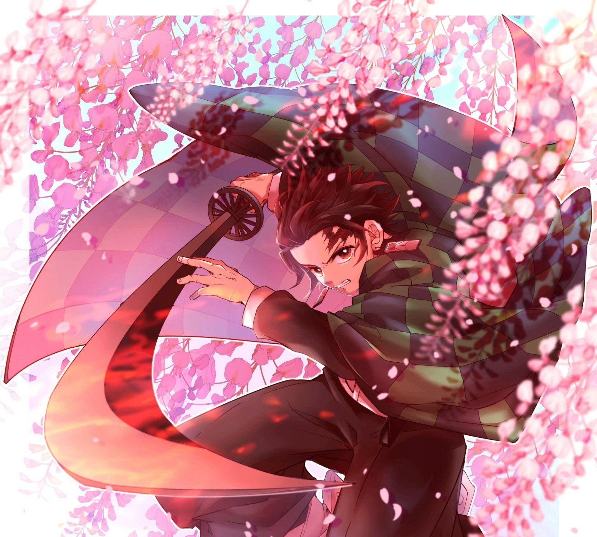 鬼滅の刃 炭治郎 ピンクの花 壁紙