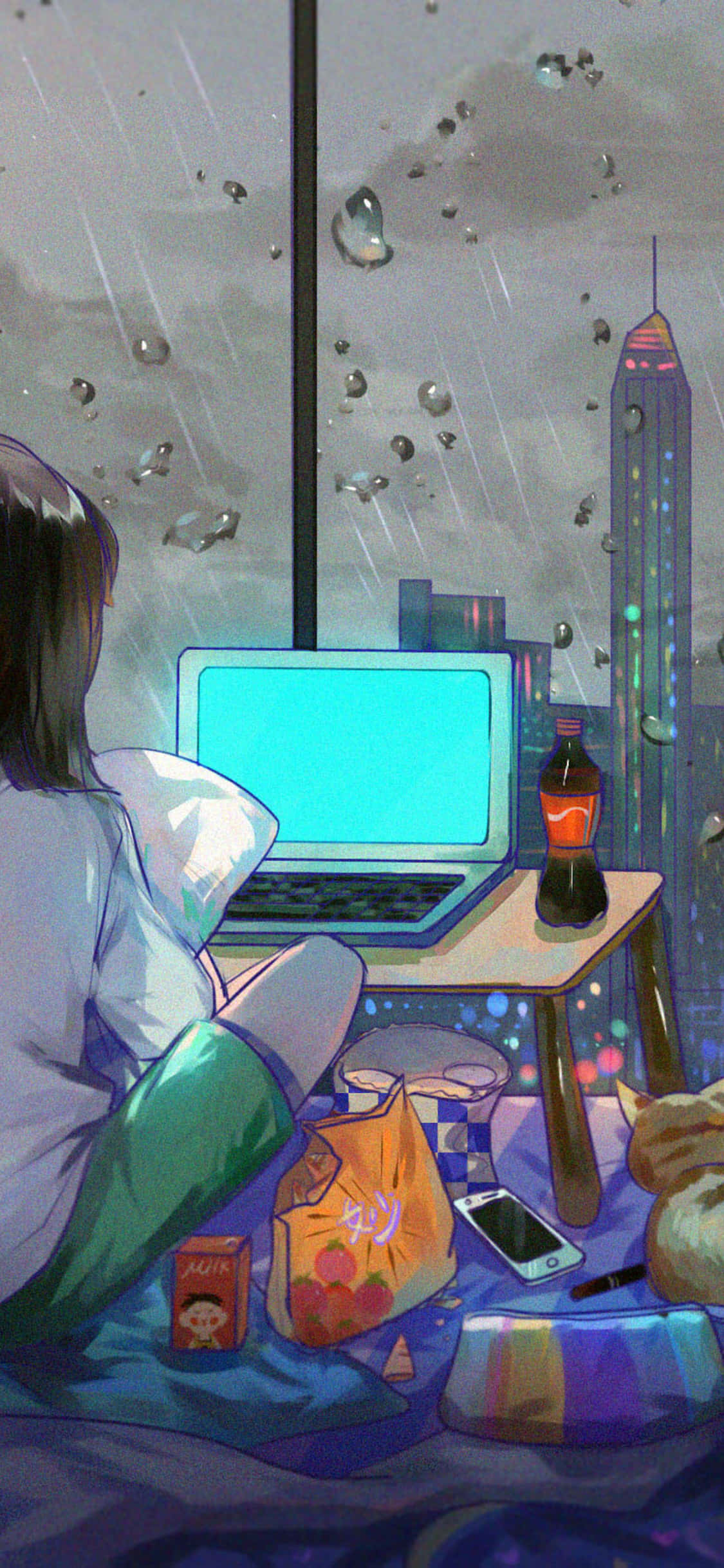 魅惑のアニメルームとパノラマシティビュー 壁紙