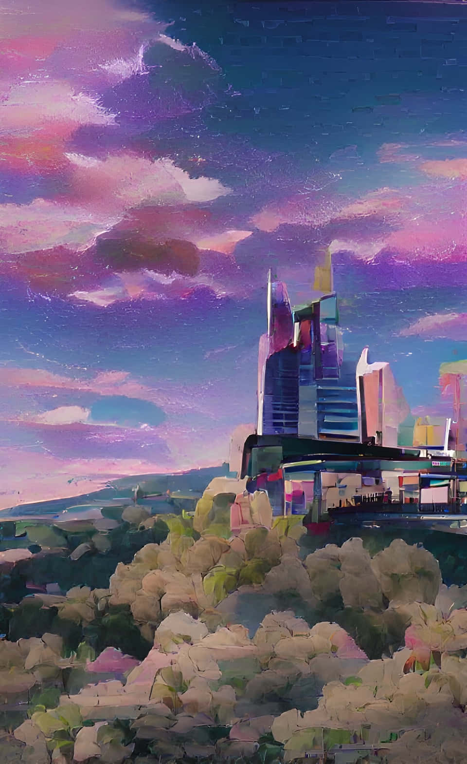 魅惑のアニメ風夕暮れの都市景観 壁紙