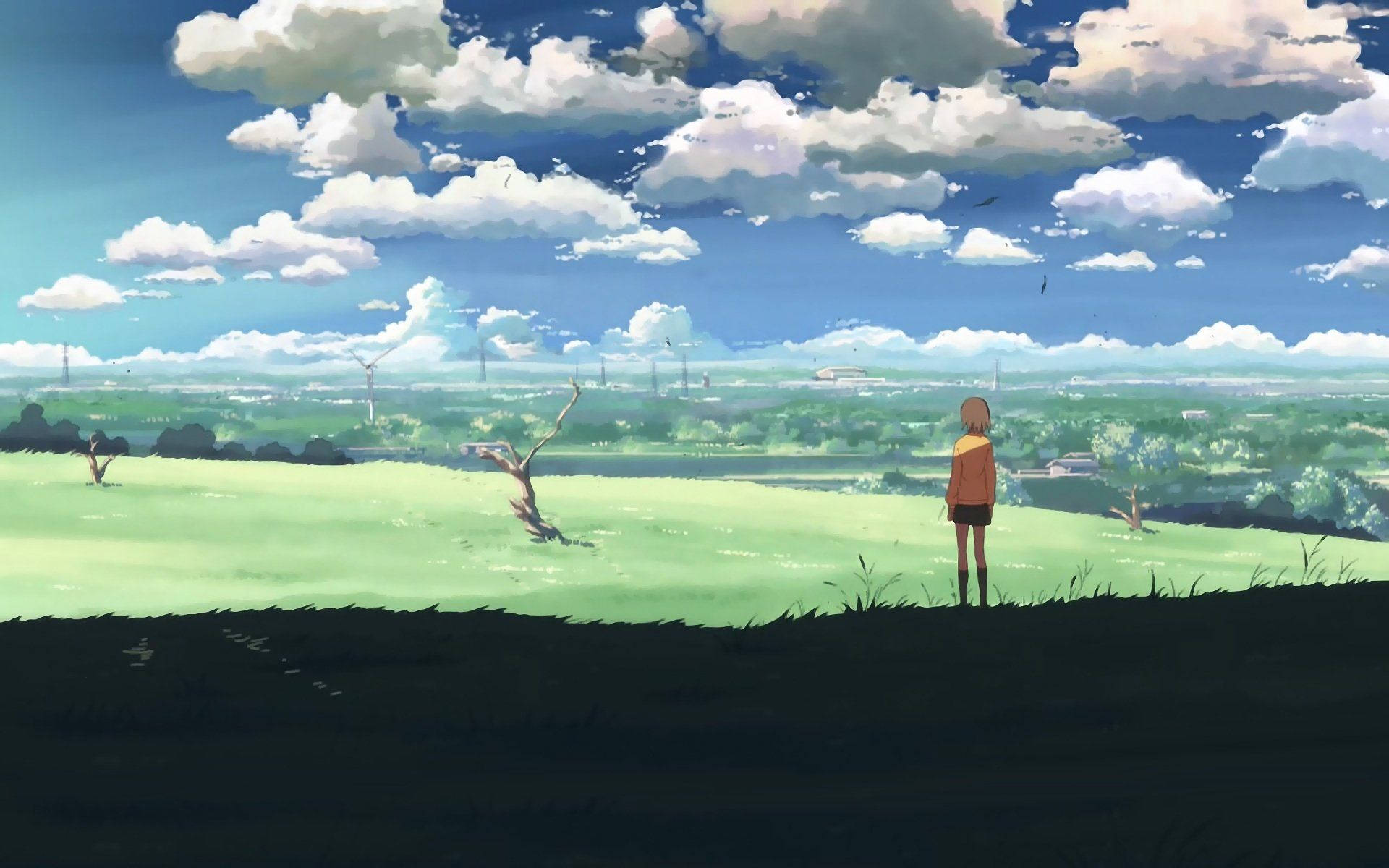 魅惑のアニメ風景 広大な野原 壁紙
