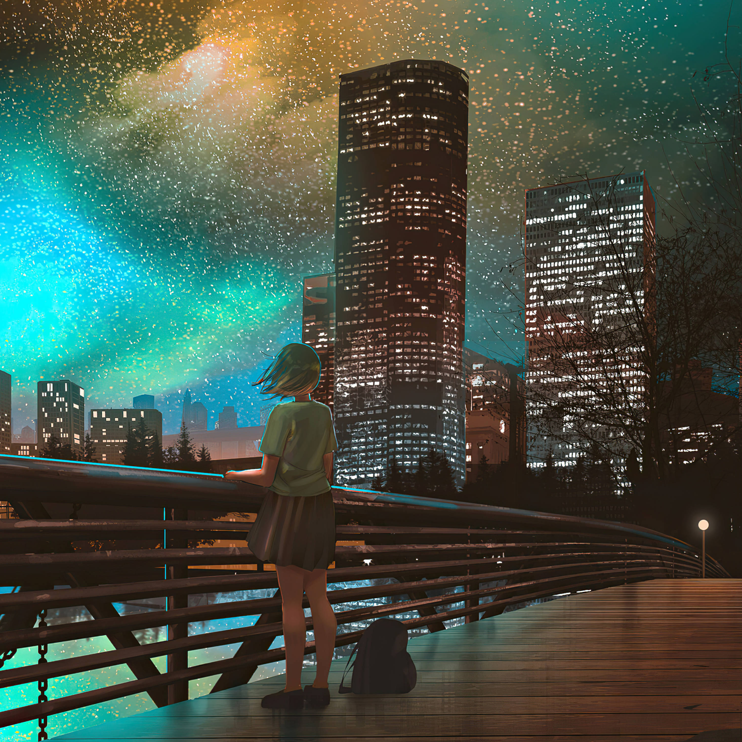 魅惑的な星空のアニメ風夜景と賑わう都市 壁紙