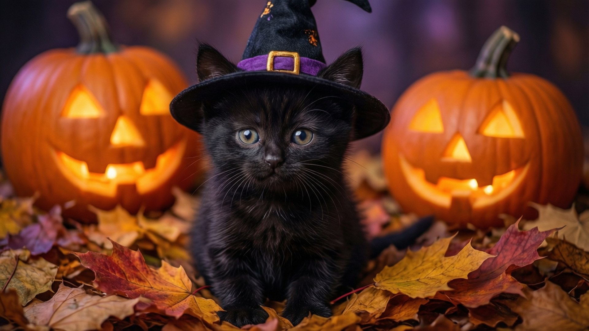 魔女の帽子をかぶった黒い子猫と紅葉 壁紙