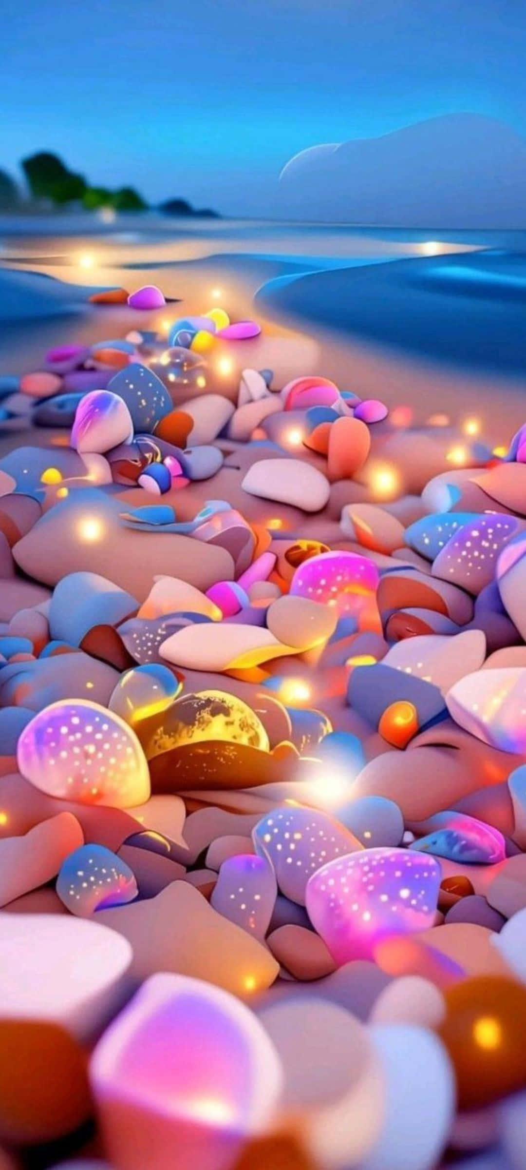 魔法のように光る石の浜辺の夜 壁紙
