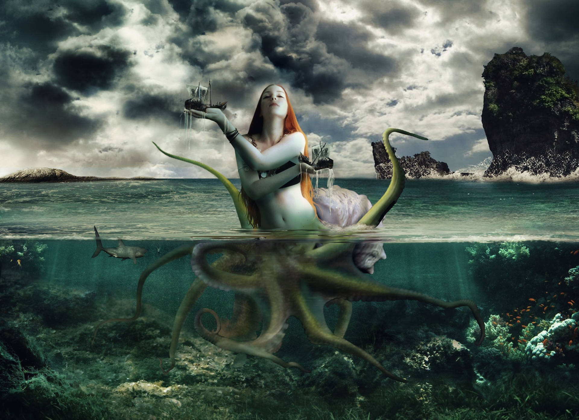 緑の海と暗い空の下に立つ幻想的な人魚の壁紙