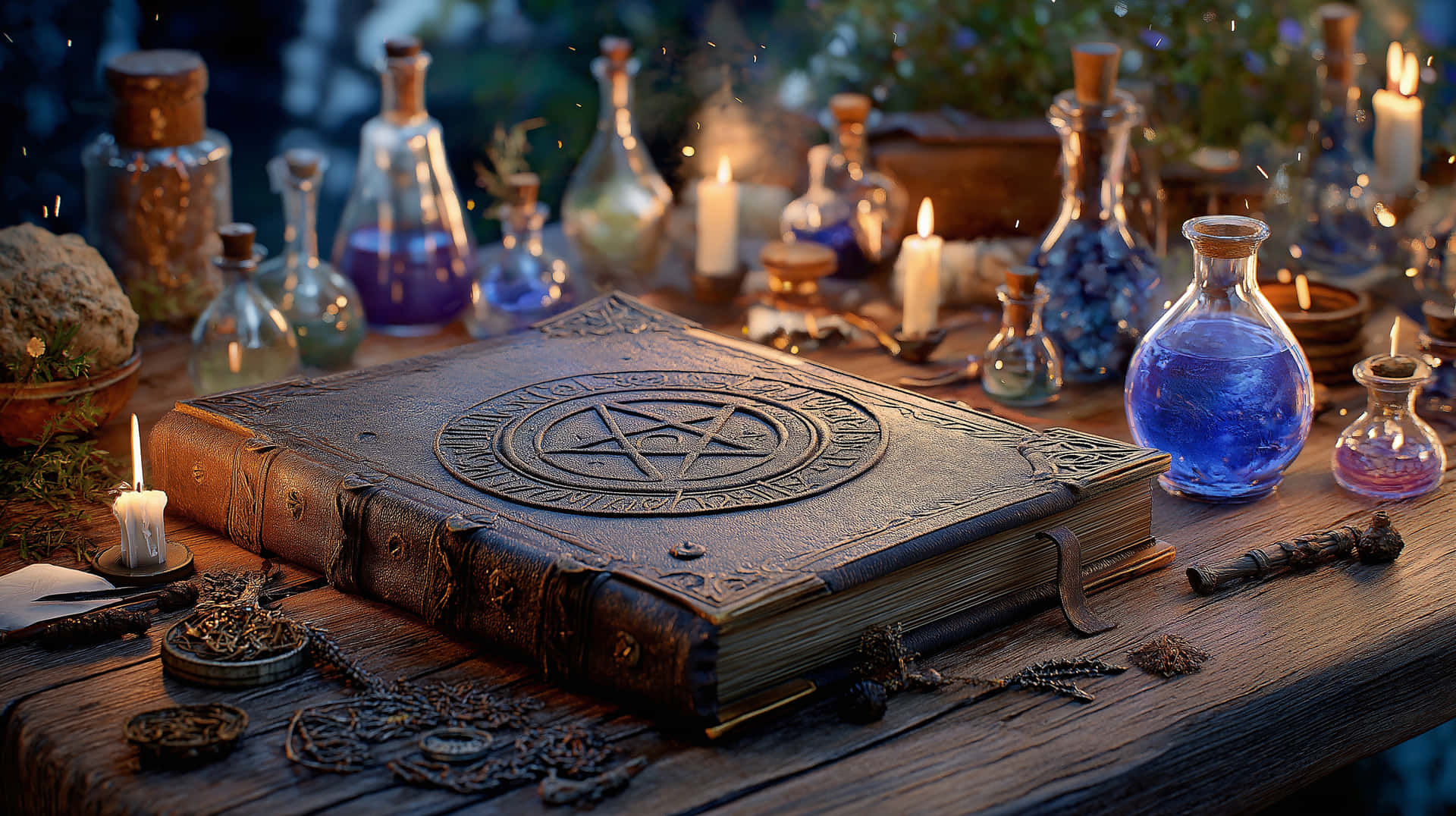 魔導書、古書、魔法、ファンタジー、神秘、錬金術、アンティーク、ビンテージ、薬瓶、砂時計、羽根ペン、魔法の宿る、ダークアカデミア、神秘的な雰囲気