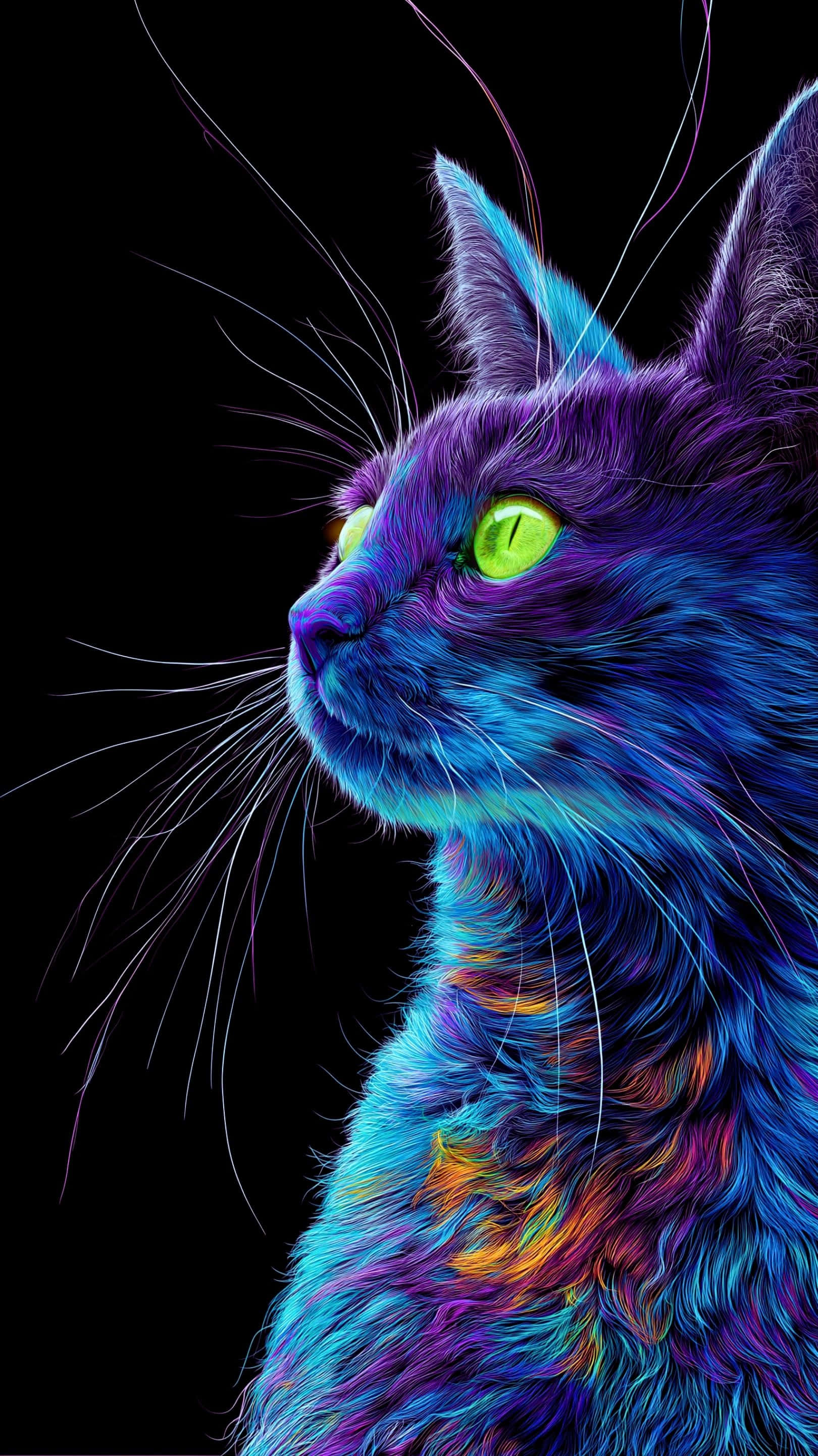 鮮やかで芸術的なクローズアップの猫、電光ブルーとパープルの毛並みが輝く 壁紙