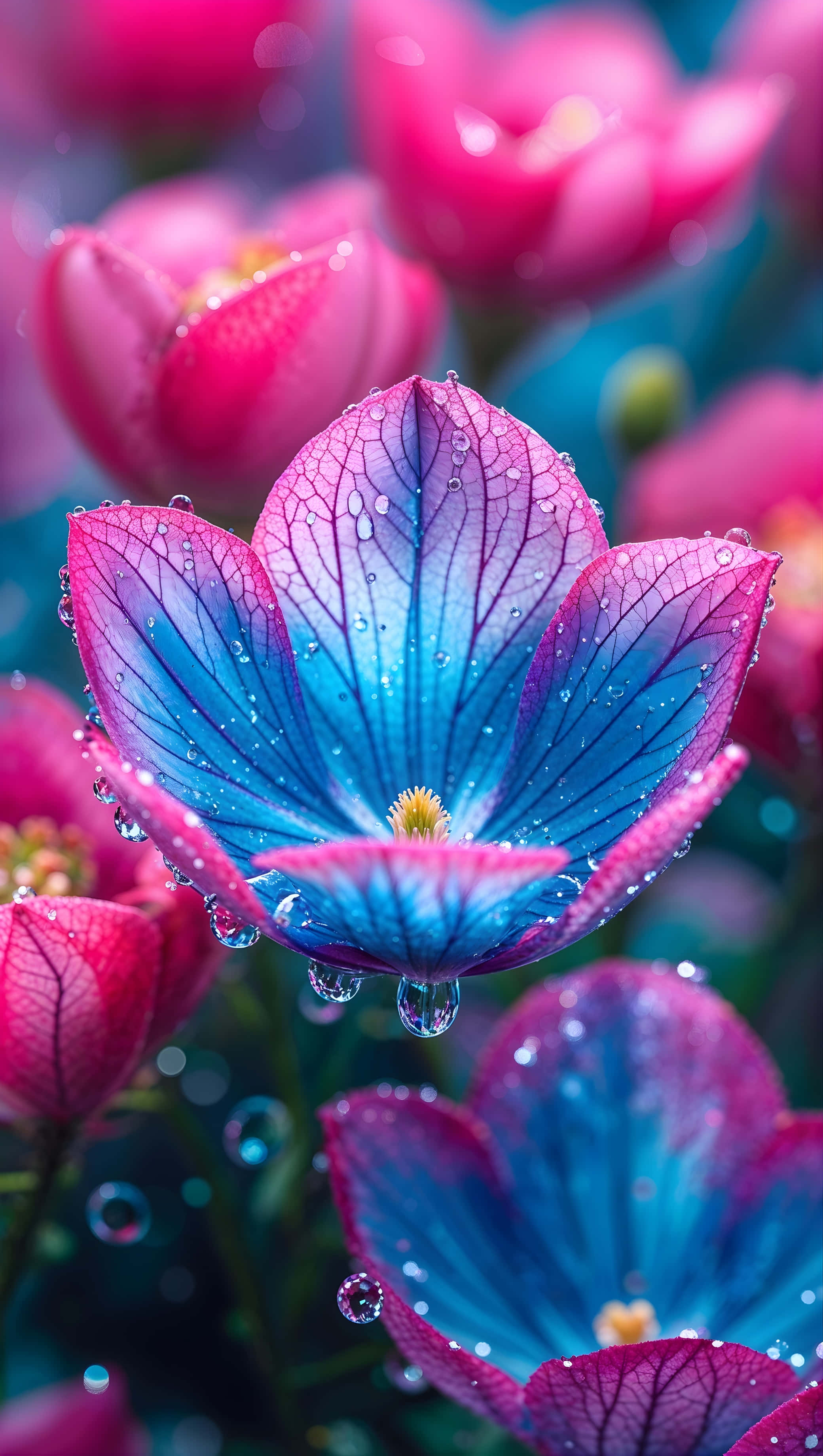 鮮やかなピンクと青の花 壁紙