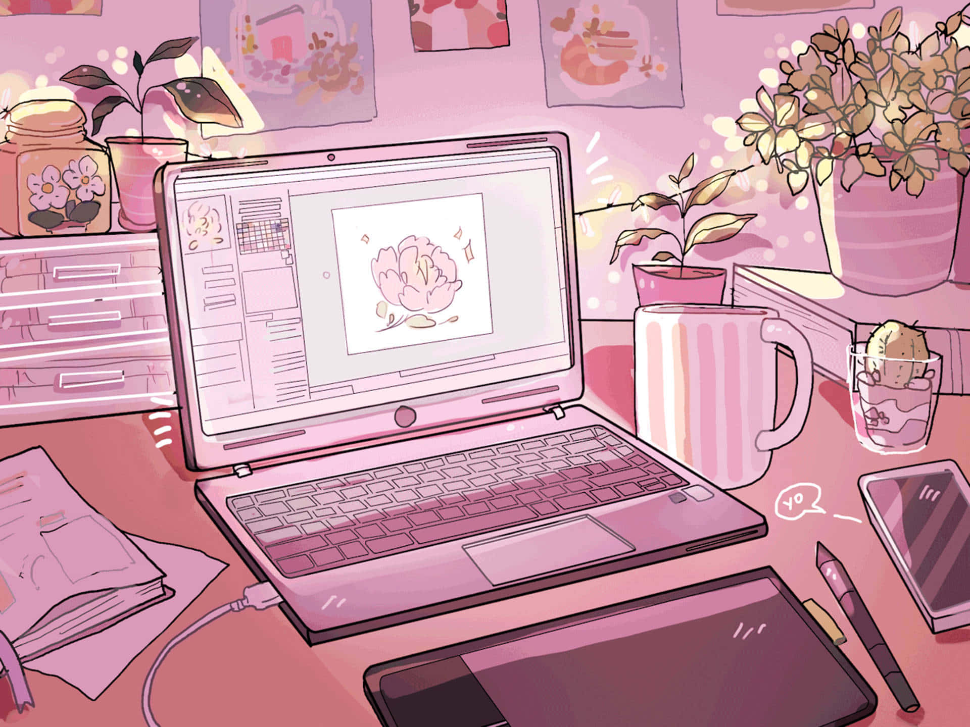 鮮やかなピンクのアニメ風美しい風景 壁紙