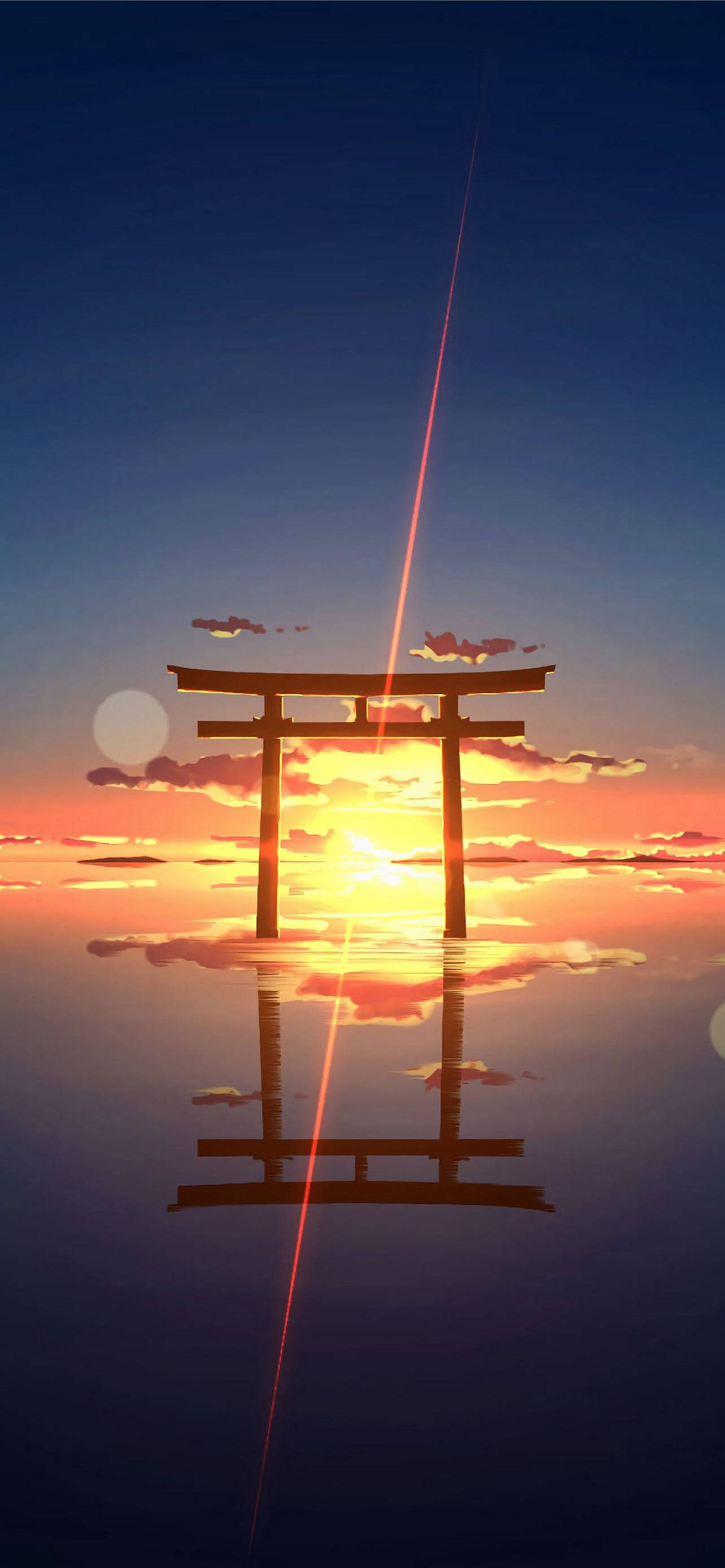 鳥居 夕日 水平線 壁紙