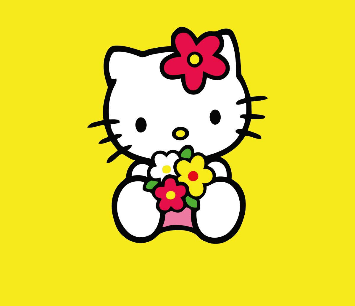 黄色い背景に花を持つハローキティのプロフィール画像