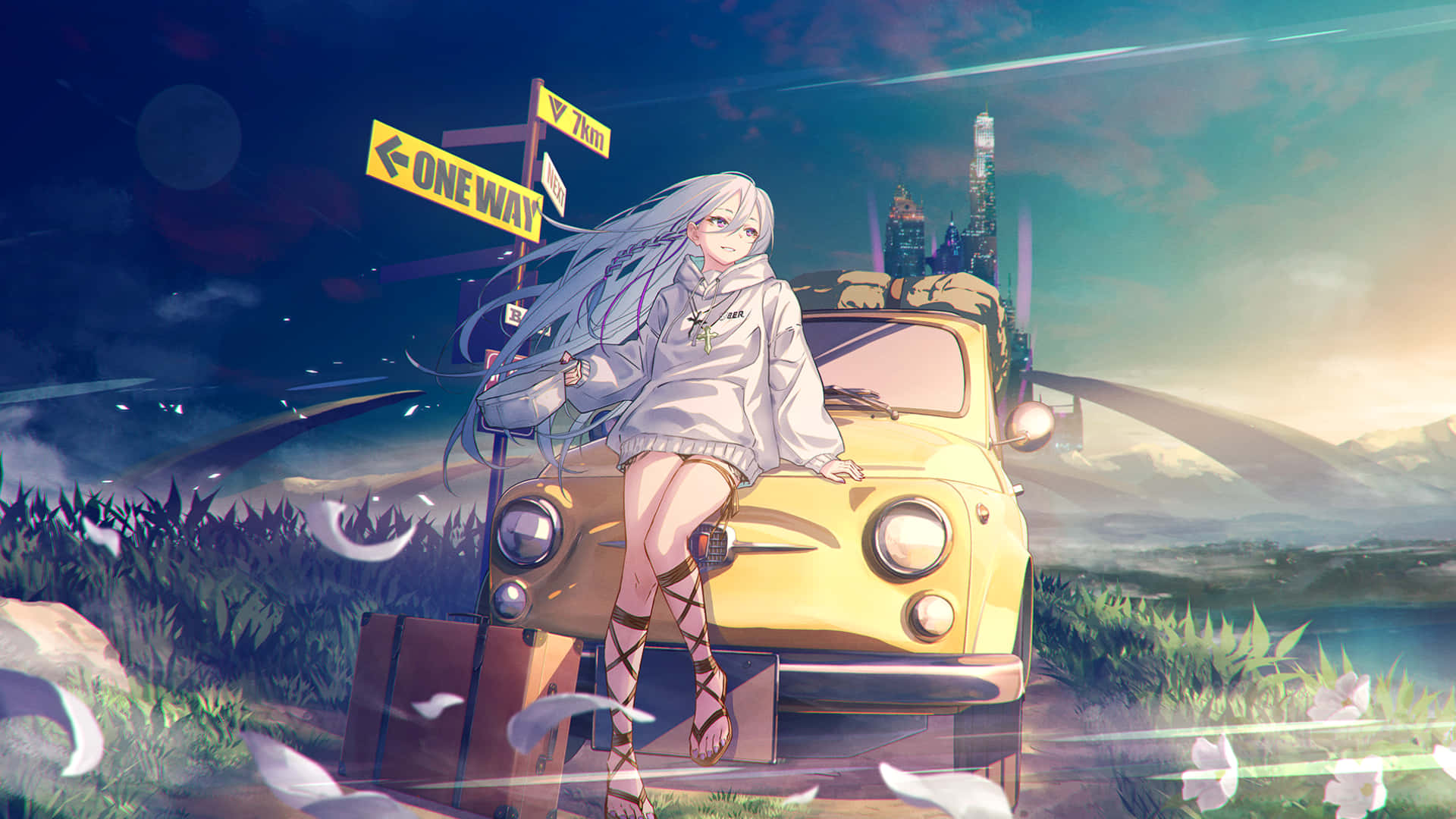 黄色い車の隣に立つ少女 壁紙