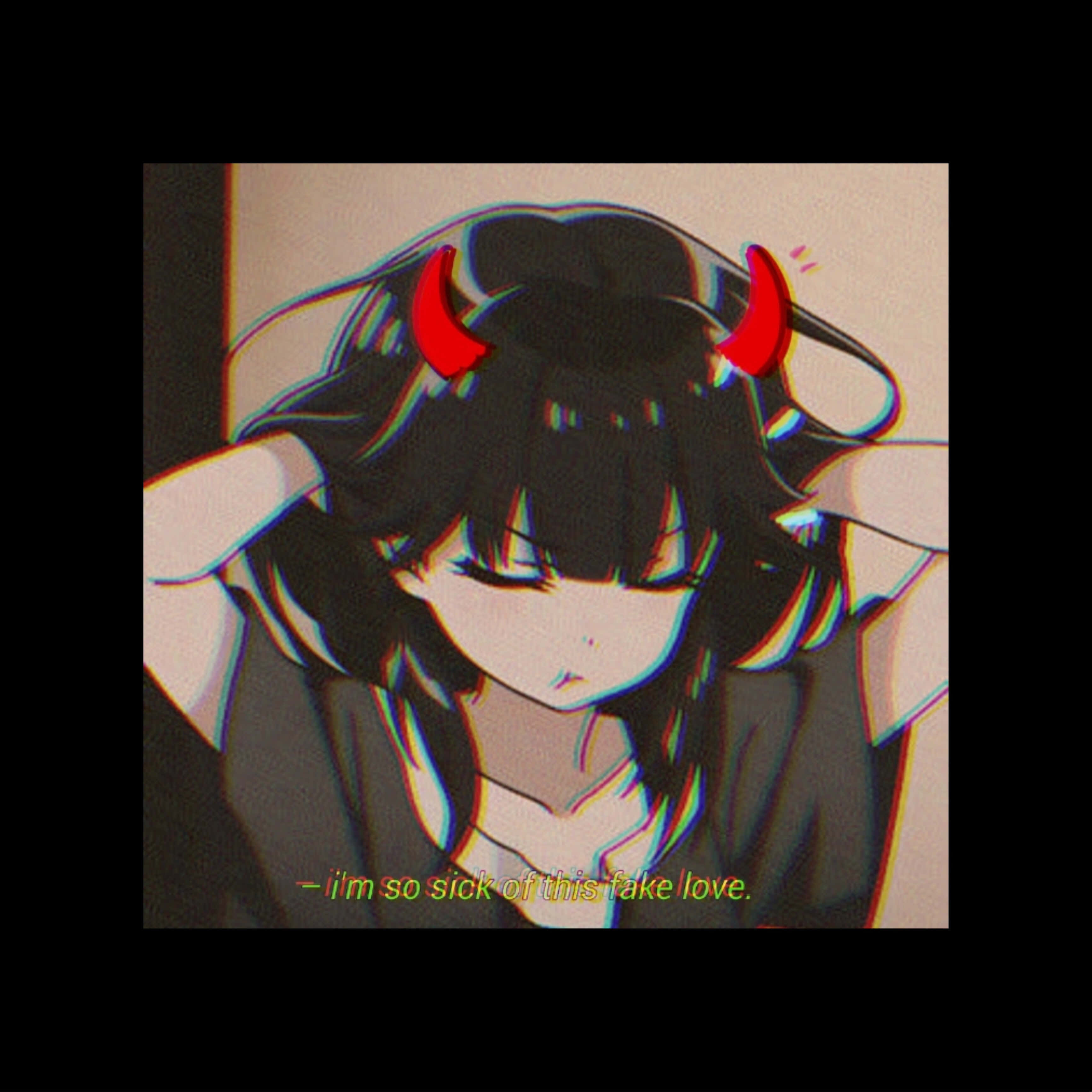 黒いアニメ風プロフィール画像 赤い角の少女 壁紙