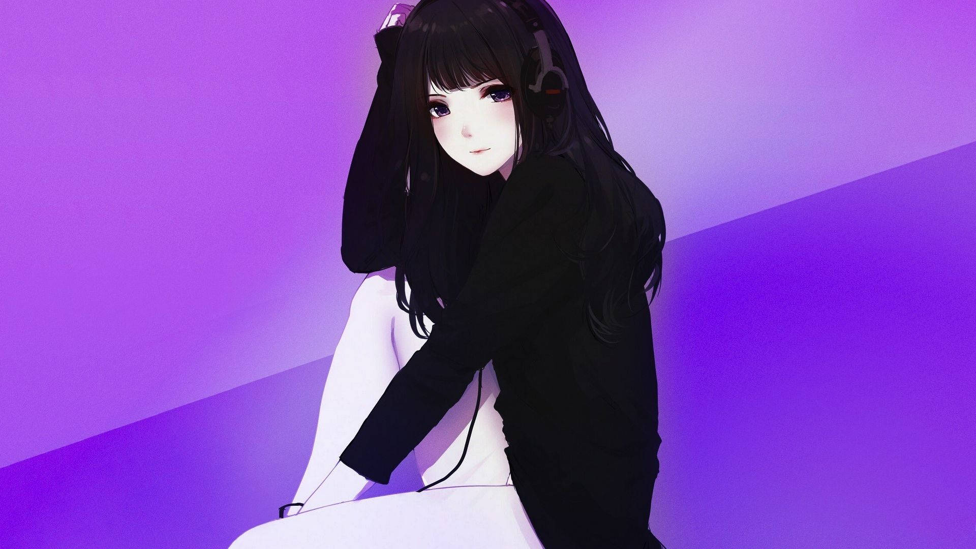 黒いパーカーを着たアニメ少女 壁紙
