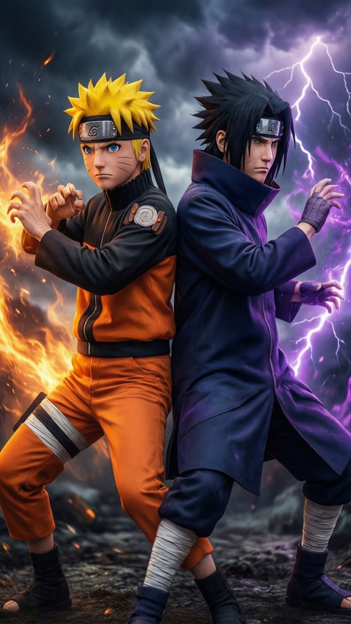 背中合わせで戦闘態勢をとるナルトとサスケ。