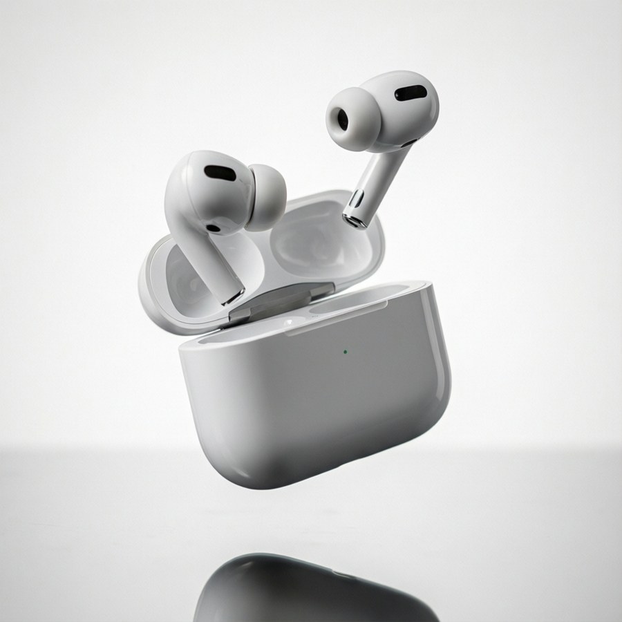 空中に浮かぶAirPods、プロダクトフォトグラフィー