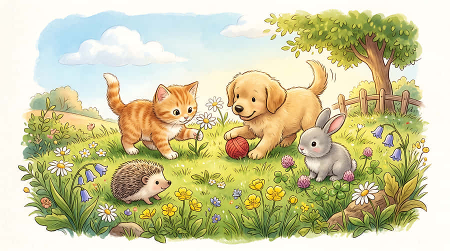 子犬,子猫,ウサギ,ハリネズミ,動物,草原,花,春,夏,自然,屋外,水彩画,イラスト,かわいい,カワイイ,子供,保育園,おとぎ話,絵本,甘い
