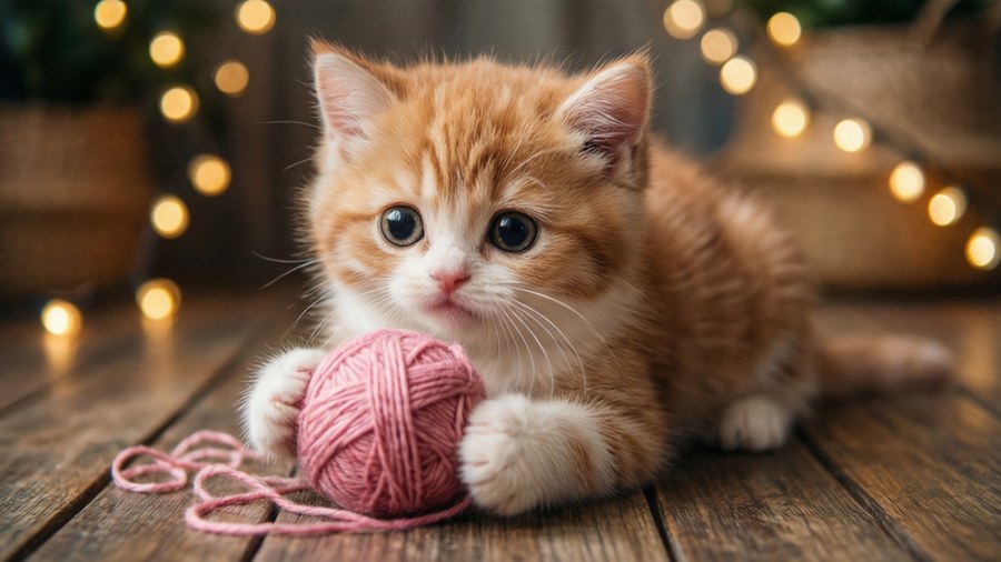 居心地の良い空間で毛糸と遊ぶ愛らしい子猫。