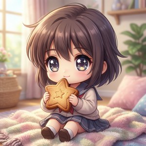 星形クッキーを嬉しそうに持っているちびうしお。 — Infinix Zero 壁紙