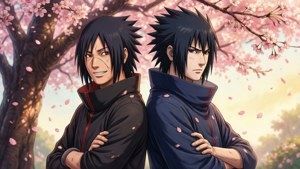 イタチとサスケが桜の下で穏やかなひとときを過ごす