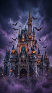 ディズニーのシンデレラ城をハロウィンのお化け城として再現。