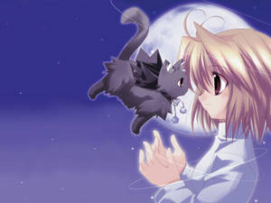かわいいアニメのアルクェイド・ブリュンスッドと飛ぶ猫